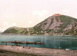 View of Visegrad, on the Danube River, near the Pilis mountain range, today Hungary, Historical, around 1900, digitally restored reproduction from a 19th century original, view of Visegrad, on the Danube River, near the Pilis mountain range