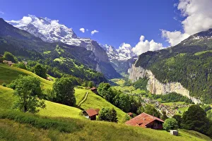 View from Wengen to Lauterbrunnen Valley and Bernese Alps with Mount Jungfrau