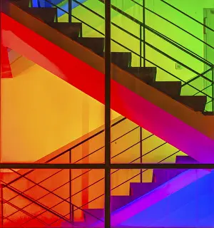 View through the windows of a brightly lit staircase