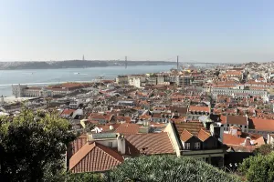 Views across the historic centre and the Rio Tejo or Tagus River from viewpoint Portas do Sol