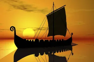 Viking ship, sunset, silhouette, 3D graphics