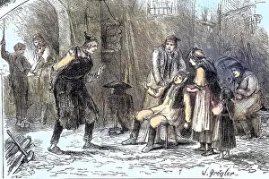 Village dentist, the village blacksmith as a doctor with a suffering patient who is being held by two people