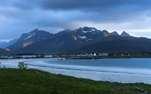 Category Mountain Landscapes Prints: The village of Ramberg with sea and sandy beach