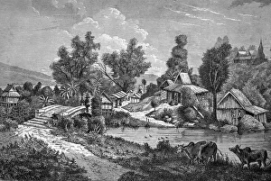 Village scene in Cambodia, historical illustration