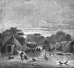 Village view with huts in the tropics, locals sitting in the shade, woman carrying a bowl on her head, free-range chickens, travelling, Togo, historical illustration 1886, Africa