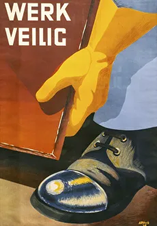 Vintage Belgian, Flemish safety poster promoting the use of steel-toe boots