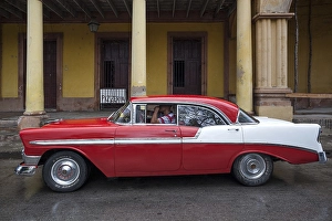 Vintage car, red and white, 1950s
