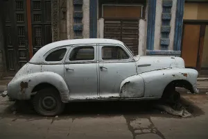 Vintage car wreck on a street in Havana