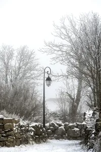 A vintage lamp post stands still amidst a snowy landscape