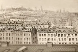 Vintage (public domain) book engraving photographed in a way to give illusion of depth