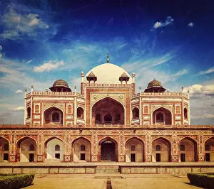 Vintage retro hipster style travel image of Humayun Tomb marble mausoleum