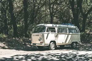 Vintage white bus camper on the road
