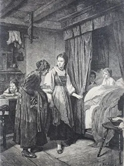 Visit of the old godmother to the godchildren who are still in bed