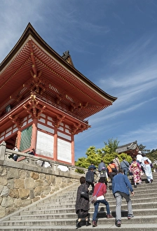 Category Buddhism Prints: Visitors climb stairs, pass Niomon gate of Kiyomizudera