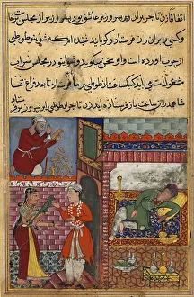 The vizier's son receives the magical wooden parrot from the merchant's woman
