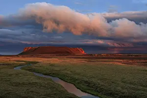 Volcanic crater reflected in stream