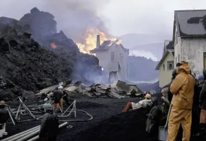 Volcanic eruption, building on fire