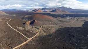 Volcanic landscape with craters and lava fields near El Golfo