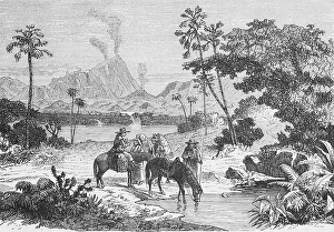 Volcanic landscape and vegetation in a high valley of Mexico, lake, rider, horses, natives, fern, cactus, trees, travelling, Mexico, historical illustration 18888, Central America