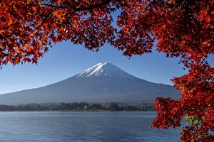 Volcano Fuji or Fudschijama with snow at the summit