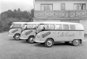 Volkswagen Type 2 T1. The first generation Volkswagen car models in the Transporter family, launched 8 march 1950. It had the split windshield informally called the Microbus, Spritscreen or Splittie