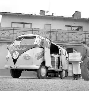 Volkswagen Type 2 T1. The first generation Volkswagen car models in the Transporter family, launched 8 march 1950. It had the split windshield informally called the Microbus, Spritscreen or Splittie