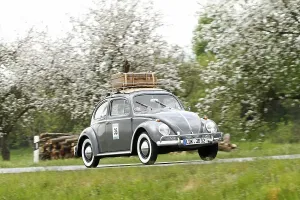 VW Beetle with skis and luggage on the roof