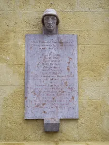 War memorial, detail, town hall tower