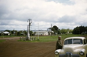 War memorial and Holden 48 215 car, Lake Bolac, Victoria, Australia 1956