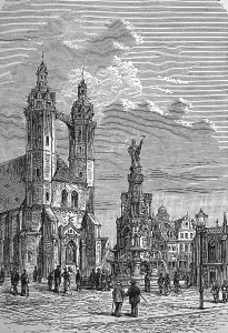 The war memorial and St Mary's Church in Halle