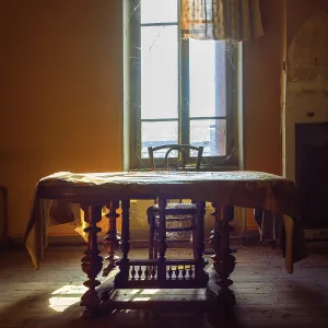 Warm sunlight filters through an old window