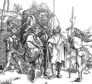 Warriors, in the centre two noblemen in cloaks and in the background a Turkish horseman