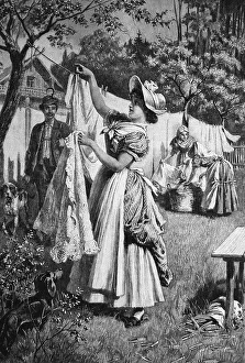 Washing day, wood engraving, 1880