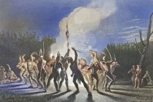 Washington and Fairfax at an Indian war dance 1748