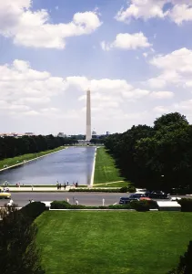 The Washington Monument obelisk and Reflecting Pool, The National Mall, Washington DC, USA, c 1953, North America