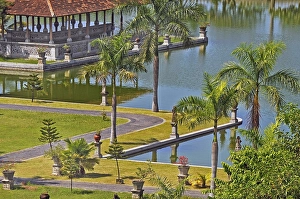 Water palace with pond and palm trees, Taman-Ujung, Bali, Indonesia, Asia