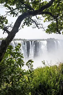 Water plunges into the depths, Victoria Falls with jungle and green plants
