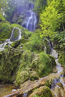 The waterfall in Bad Urach, embedded in a lush green forest landscape