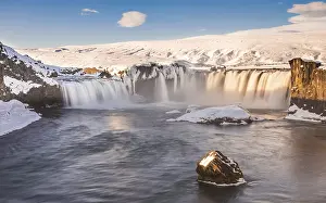 Waterfall Gooafoss, Godafoss in winter with snow and ice