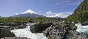Waterfall of the Rio Petrohue and the Osorno volcano