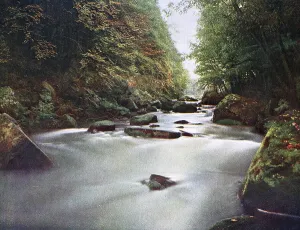 At the waterfalls of the Pruem near the ruin Pruem zur Lay in the Eifel in 1910