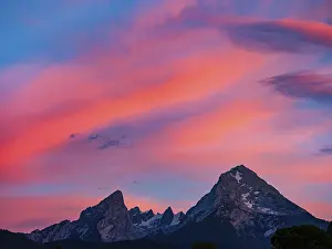 Watzmann in the last evening light under reddish clouds