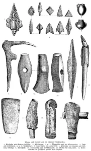 Weapons and tools from prehistoric pile dwellings, arrows and arrowheads, clay pots, hammers, hoes, chisels, history of mankind, Switzerland, historical illustration 1880, Europe