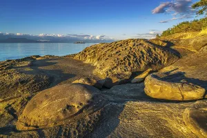 Weathered sandstone rock formations known as tafoni along the northeast shore of Gabriola Island
