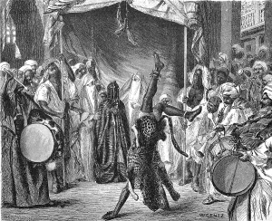 Wedding celebration with music and acrobatics and a veiled bride in Cairo