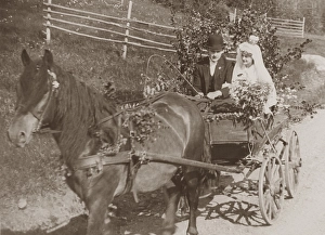Wedding couple in the 1930s. The newly weds bride and groom are sitting in a horse drawn wagon on a summer day