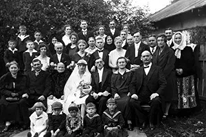 Wedding couple with guests, wedding party