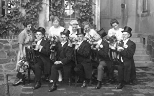 Five wedding couples, men in tails with cigarette and beer