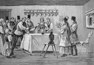 Wedding customa of the Saxons, historical illustration circa 1893