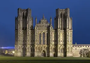 Wells, Cathedral, west facade illuminated